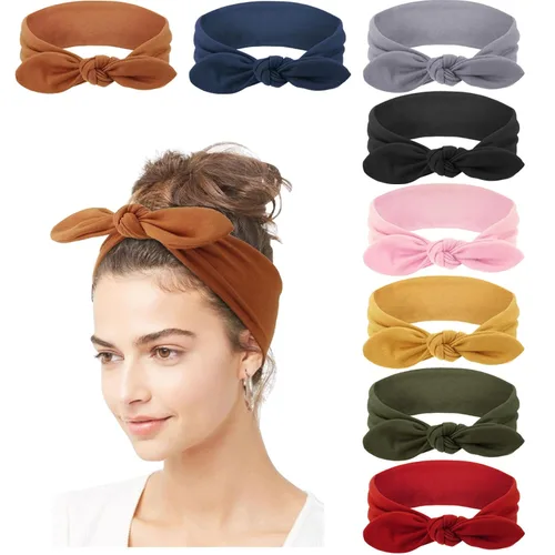 Miniatura 32 de DRESHOW 8 unidades de diademas ajustables con nudos antideslizantes elásticas, bandas de pelo de yoga para mujeres y niñas en colores sólidos