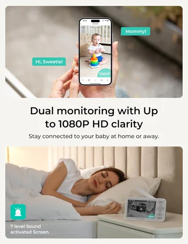 Miniatura 2 de Dr.Care VistaView Lite Smart WiFi Baby Monitor - Pantalla dividida 720P de 4 pulgadas y control de aplicación de cámara 1080P, alertas