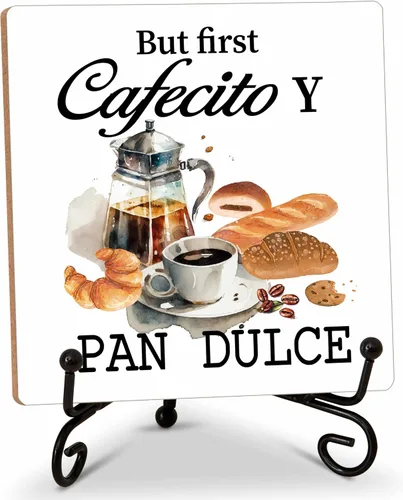 Letrero de barra de café, letrero de madera de cafecito de 5 x 5 pulgadas con soporte de hierro, perfecto para decoración de mesa de oficina en