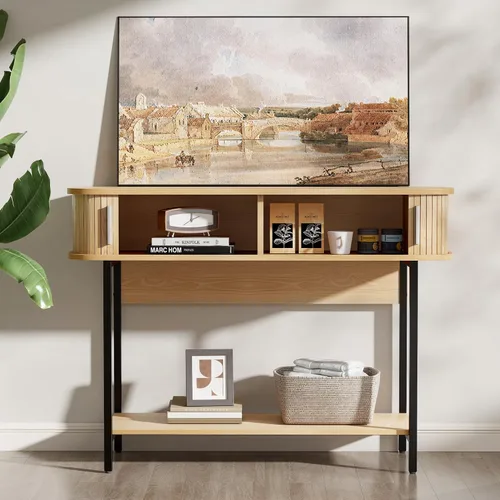 Miniatura 4 de Mesa de Entrada Moderna de Mediados de Siglo de 40", Mesa Consola Acanalada Ultra Delgada con Almacenamiento y Puertas Corredizas, Mesa de Sofá