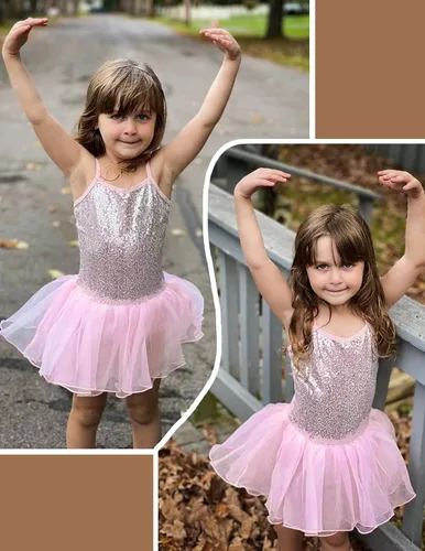 Miniatura 8 de Zaclotre Leotardo de lentejuelas para niñas pequeñas, leotardos de ballet con correa brillante, vestido tutú, traje de bailarina, disfraz de baile