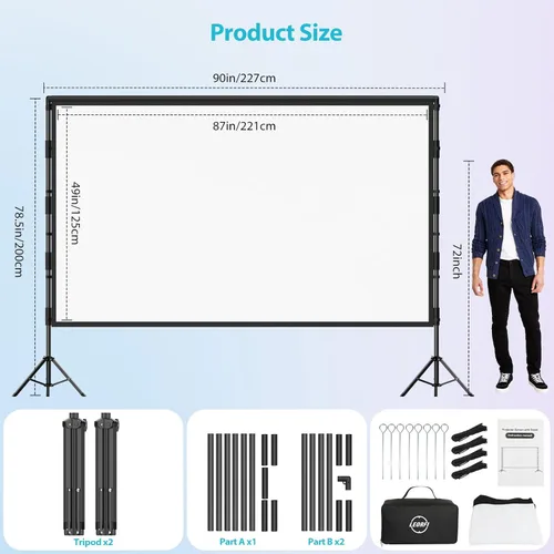 Miniatura 6 de Pantalla de proyector para exteriores con soporte, pantalla de proyección de respaldo negro de 100 pulgadas, pantalla de película mejorada 16:9 4K