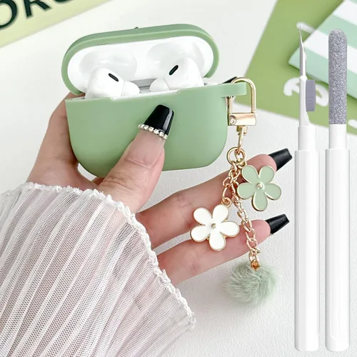 Miniatura 39 de Bonita funda negra para Airpods de 2ª/1ª generación para niñas y mujeres, con llavero de pompón de flores y kit de limpieza, funda protectora tipo