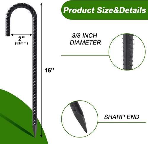 Miniatura 2 de AAGUT Estacas de barra de refuerzo de 16 pulgadas con gancho en J resistente, paquete de 24 anclajes de acero recubierto de metal negro de 3/8 Negro