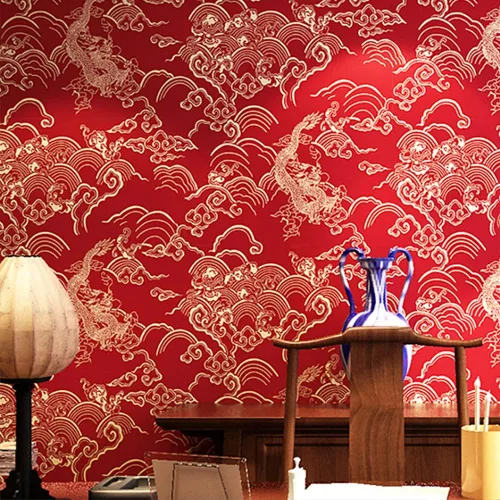 Miniatura 2 de Q QIHANG Papel pintado de estilo rojo chino Patrón de dragón clásico Zen Hotel Restaurante Sala de estar Nubes auspiciosas Fondo de TV Fondo