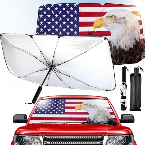 Riakrum Parasol plegable para parabrisas de automóvil, diseño de águila patriótica, bandera estadounidense, protección contra rayos UV, mantiene el