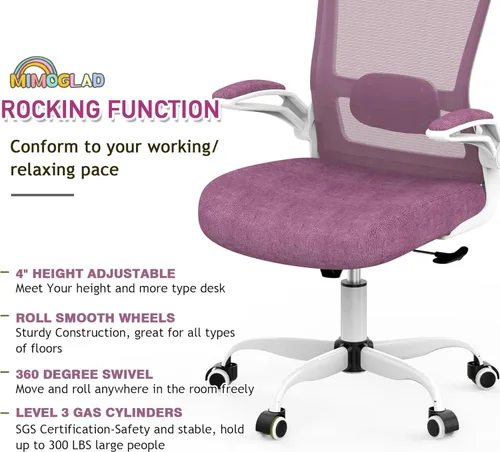 Miniatura 6 de Mimoglad Silla de oficina ergonómica de malla con respaldo alto, soporte lumbar ajustable, cojín de asiento grueso (moderno, orquídea)