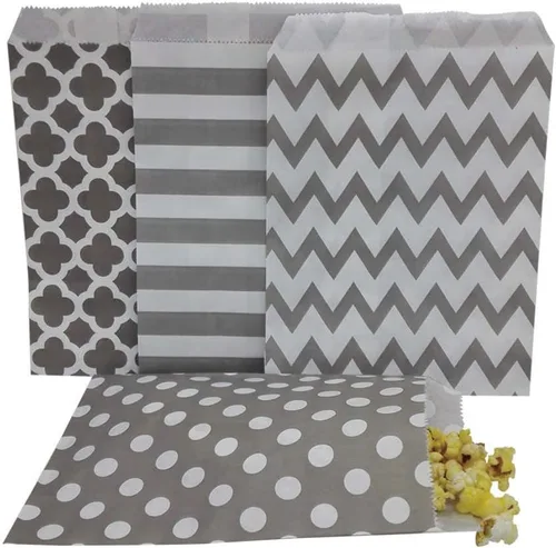 Bolsas de papel biodegradables para galletas de caramelo, bolsas de regalo seguras para alimentos para fiestas, 100 unidades, 4 diseños surtidos Gris