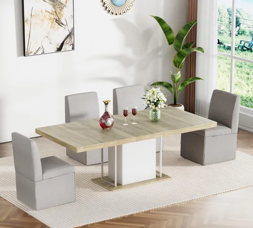Miniatura 22 de Juego de mesa de comedor extensible para mesa de cocina extensible de 4, 5 piezas y 4 sillas de almacenamiento ocultas de lino tapizadas de madera