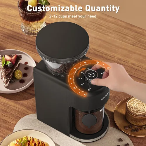 Miniatura 4 de Secura Molinillo de café cónico de acero inoxidable, 35 ajustes de molienda, capacidad de 2 a 12 tazas, almacenamiento de granos de 8.8 onzas