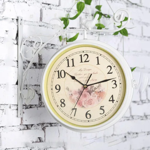 Reloj de jardín de doble cara estilo estación reloj de pared con detalles de pájaros y hojas reloj de acero al aire libre (negro, 12.2 x 12.2 in)