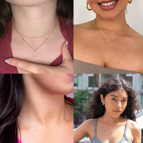 Miniatura 62 de Collar de cruz para mujeres y niñas, delicado chapado en oro de 14 quilates, gargantilla con dije de cruz que no se deslustra, impermeable, moderno
