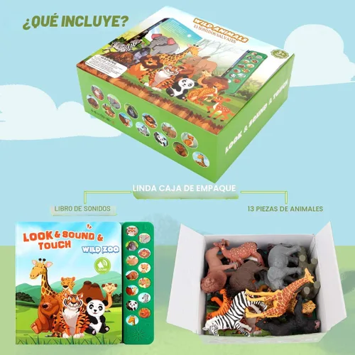 Miniatura 7 de Tudoccy Juguetes de figuras de animales de safari - 13 figuras realistas de animales salvajes de plástico y libro de sonido para niños - juguetes