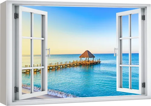 Miniatura 20 de wall26 Lienzo impreso para pared, vista de ventana a barco y playa tropical, isla de naturaleza, desierto, fotografía, realismo, paisaje rústico