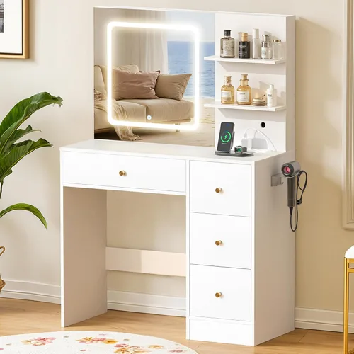 Miniatura 6 de Escritorio de tocador de maquillaje con espejo y luces, escritorio blanco de 37 pulgadas con toma de corriente y USB, 3 modos de espejo LED
