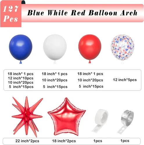 Miniatura 2 de Kit de guirnalda de arco de globos azules, blancos y rojos: 127 globos de aluminio con forma de estrella de explosión roja para cumpleaños