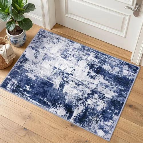 Miniatura 18 de KOZYFLY Tapete de entrada abstracto de 2 x 3 pulgadas, lavable, antideslizante, suave, para área pequeña, color azul y beige, moderno, a rayas