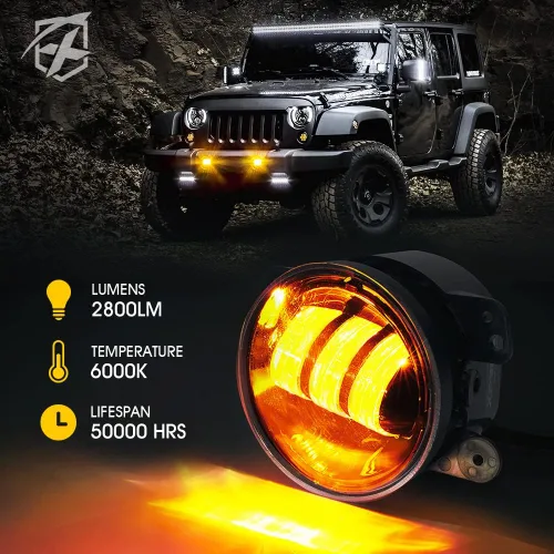 Miniatura 2 de Xprite Luz antiniebla LED ámbar de 4 pulgadas compatible con Jeep Wrangler JK Unlimited JKu 2007-2018, faros antiniebla para conducción todoterreno