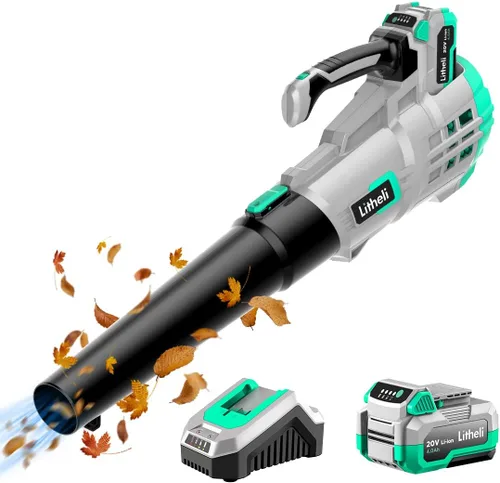 Miniatura 10 de Litheli Soplador de hojas inalámbrico de 20 V, soplador de hojas alimentado por batería, batería de 2.0 Ah, ligero, modo de 2 velocidades