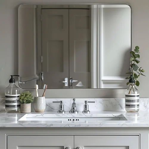 Miniatura 19 de ANDY STAR Espejo cromado para baño, espejo de pared con marco de metal de 22 x 30 pulgadas, espejo rectangular de acero inoxidable con esquina