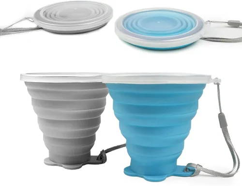 JBER Taza de viaje plegable de silicona, taza de camping plegable de silicona con tapas, taza de bebida expandible para senderismo al aire libre y