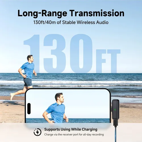 Miniatura 4 de Micrófono lavalier inalámbrico para iPhone 15, 16, 17 Pro, teléfono Android, mini micrófonos, batería de 130 pies y 48 horas, sistema de micrófono