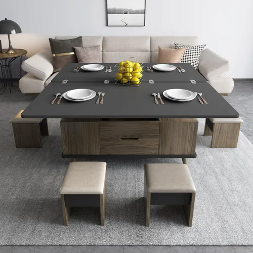 Mesa de centro elevable con 4 taburetes de poliuretano, mesa de centro clásica de color negro con contraste marrón que se convierte en mesa de