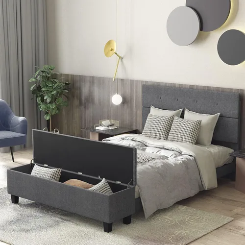 Miniatura 5 de Giantex Base de cama matrimonial con almacenamiento otomano, base de cama tapizada de lino con cabecero capitonado con botones y 4 patas de soporte