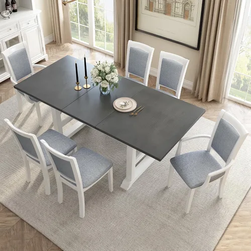 Miniatura 12 de Elegante juego de mesa de comedor de cocina de 6 piezas, mesa rectangular de madera y 4 sillas copetudas de respaldo alto y 1 banco, juego de mesa