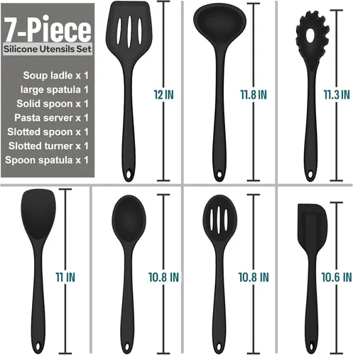 Miniatura 5 de E-far - Juego de utensilios de cocina de silicona, 7 piezas en color negro, utensilios de cocina resistentes al calor, utensilios de cocina