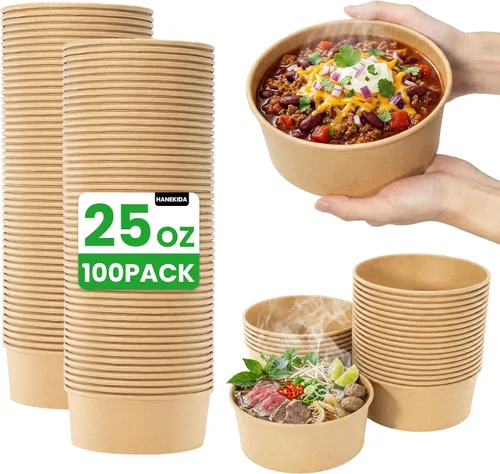 100 cuencos de papel desechables de 25 onzas (sin tapas), cuencos de sopa desechables, aptos para microondas, para sopa caliente, pasta, sándwiches,