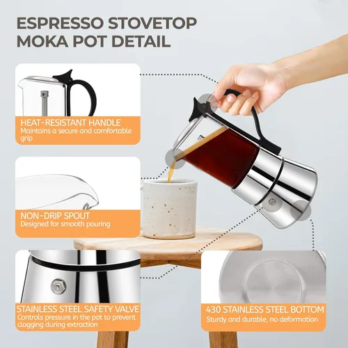 Miniatura 4 de Olla de vidrio transparente para 4 tazas, 7.4 fl oz, cafetera de acero inoxidable, sin recubrimiento, cafetera de café expreso, estilo italiano