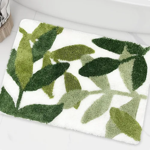 Tapete verde para baño, de microfibra, absorbente, con diseño de hojas con reverso antideslizante para uso bajo techo en la puerta de entrada, para