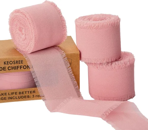 Miniatura 17 de KEOSREE - Cinta de gasa de chifón hecha a mano en rosa pastel y rosa brillante, de 1.5 pulgadas x 21 yardas, con bordes deshilachados de seda