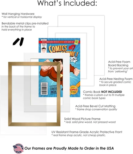 Miniatura 3 de Poster Palooza Marco de cómic con paspartú para 4 cómics de la era actual publicado después de 1985 – Marco de cómic de bronce dorado para cómics