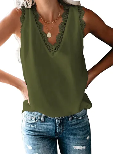 Miniatura 39 de VIISHOW - Camiseta sin mangas, sexy, con cuello en V y bordes de encaje para mujer, camisola de vestir, camisas de gasa, sin mangas, casuales