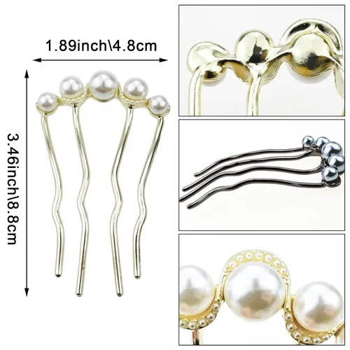 Miniatura 2 de Paquete de 4 horquillas para el cabello retorcidas de perlas, peines laterales en forma de U de perlas, palillos de pelo de 4 puntas, pinzas