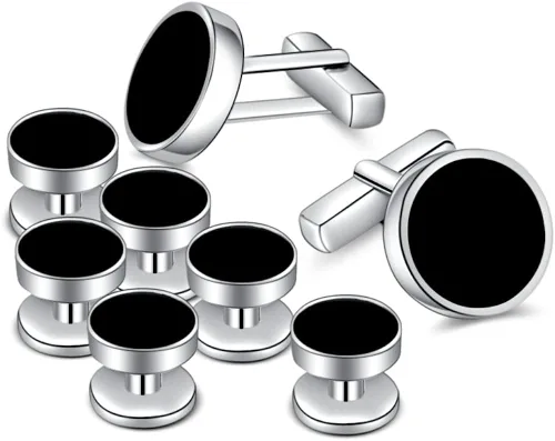MERIT OCEAN Juego de gemelos de ónix para hombre y tachuelas de plata y negro para hombres de esmoquin camisas de negocios regalo de boda