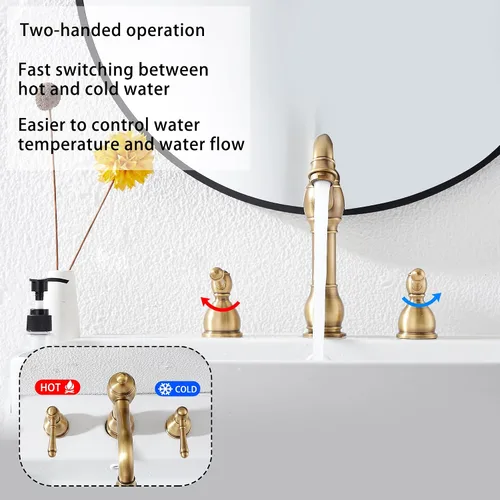 Miniatura 3 de Grifo de 2 manijas para lavabo de tres agujeros, grifo de lavabo de baño extendido, grifo mezclador, manguera de suministro incluida, desagüe Latón