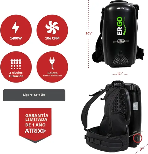 Miniatura 5 de Atrix VACBP10 - Aspiradora ergonómica de mochila, paquete premium con 10 filtros, filtro HEPA de 8 cuartos de galón, aspiradora pequeña portátil