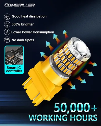 Miniatura 4 de Combriller 3157 - Bombilla LED color amarillo ámbar 3056 3156 3057 4157, lámpara de repuesto led para luz de señal de giro/freno/luces traseras