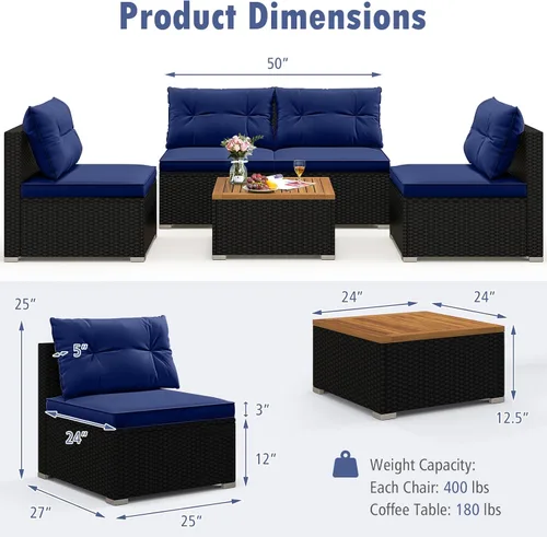 Miniatura 4 de Tangkula Juego de muebles de mimbre para patio, juego de sofá y mesa auxiliar de ratán sin brazos de 4 piezas, con cojines, mesa de madera de Negro