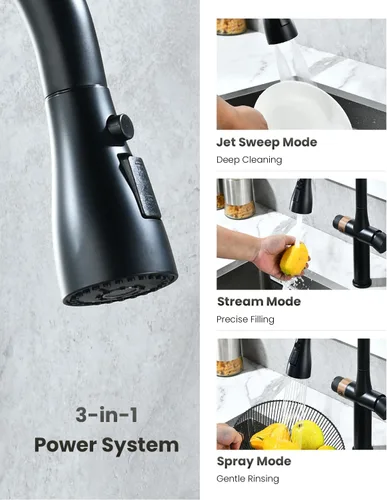 Miniatura 4 de APPASO Grifo de cocina negro con filtro de agua, mangueras certificadas por cUPC, grifos de fregadero de 3 vías con rociador extraíble, 3 modos