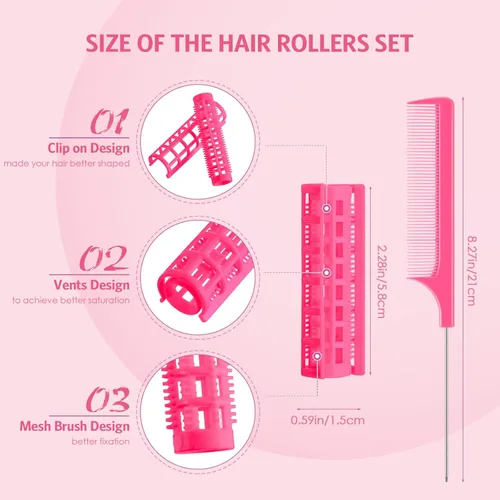 Miniatura 2 de Syhood 24 rodillos de pelo a presión, pequeños rodillos de plástico con peine de cola de rata para herramienta de peinado largo y corto