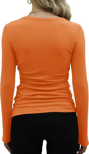 Miniatura 3 de GEMBERA Camisetas básicas de manga larga con cuello redondo y punto acanalado para mujer, estilo casual, ajustadas