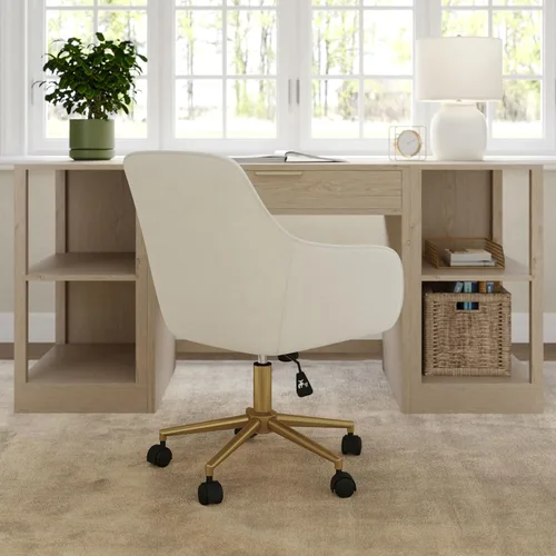 Miniatura 7 de Martha Stewart Rayna Silla de Trabajo Giratoria con Brazos Acampanados para Oficina en Casa en Cuero Sintético Negro con Marco de Latón Pulido