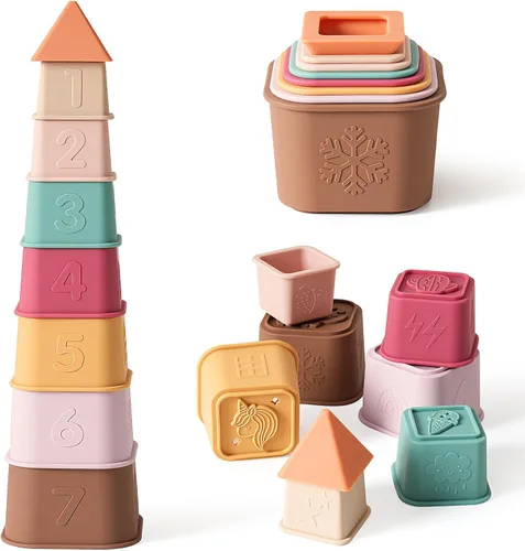 Miniatura 8 de Tazas Apilables para Bebés, Juguetes de Apilar de Silicona, Torre Educativa de Construcción para Bebés 6M+, Bloques de Construcción Blandos