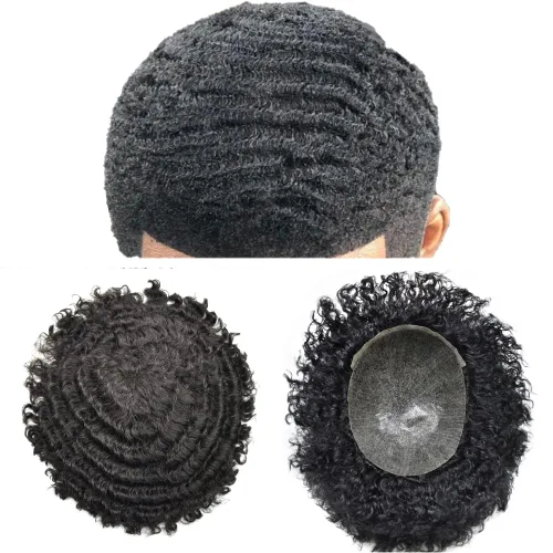 Miniatura 12 de Pelucas negras Afro Toupee de 0.236 pulgadas para hombre, con ondas afro de piel de polietileno, inyección de poliuretano, sistema de reemplazo
