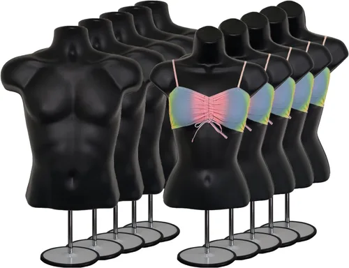 Miniatura 14 de Torso de maniquí masculino y femenino con soporte de metal, cuerpo hueco en la espalda, forma de vestido apilable para exhibición de camisetas, Gris