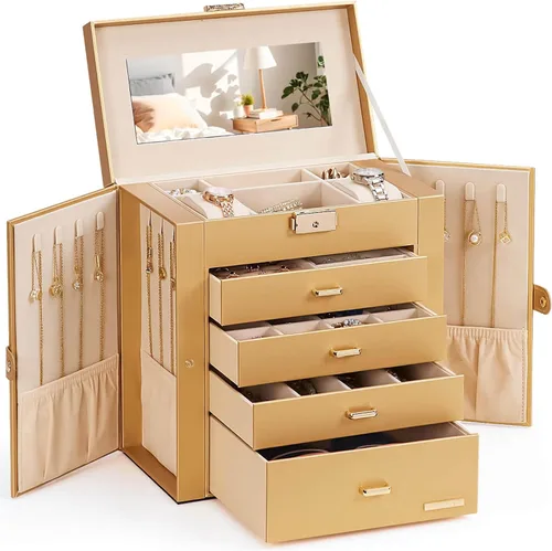 Miniatura 64 de Homde Regalos de Navidad de cuero sintético, enorme joyero, organizador de reloj con espejo, collar, anillo y aretes, estuche de regalo con Dorado